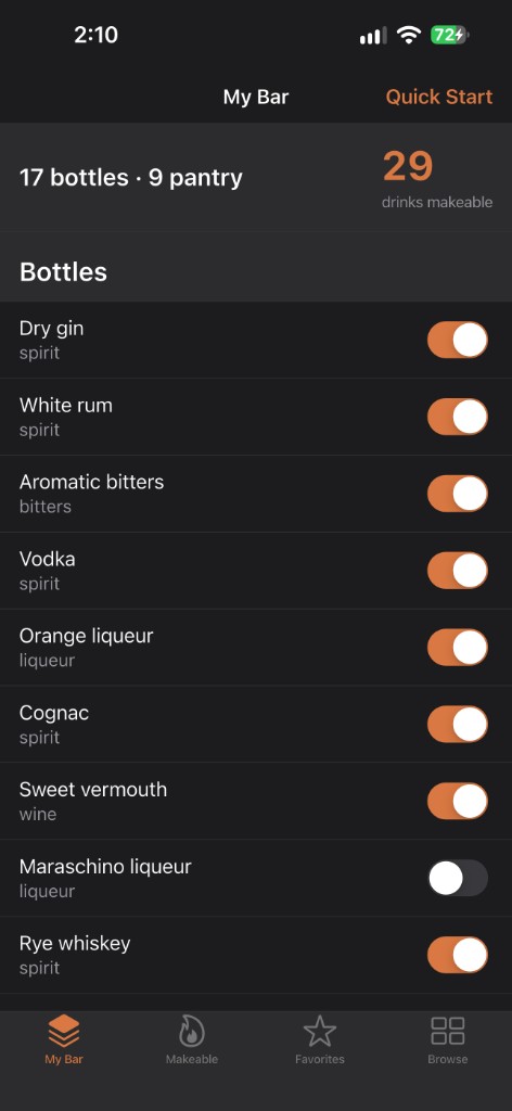 BarReady My Bar screen with bottle toggles